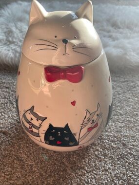 Ceramic Cat Treat Jar - White with Red Bow Accent